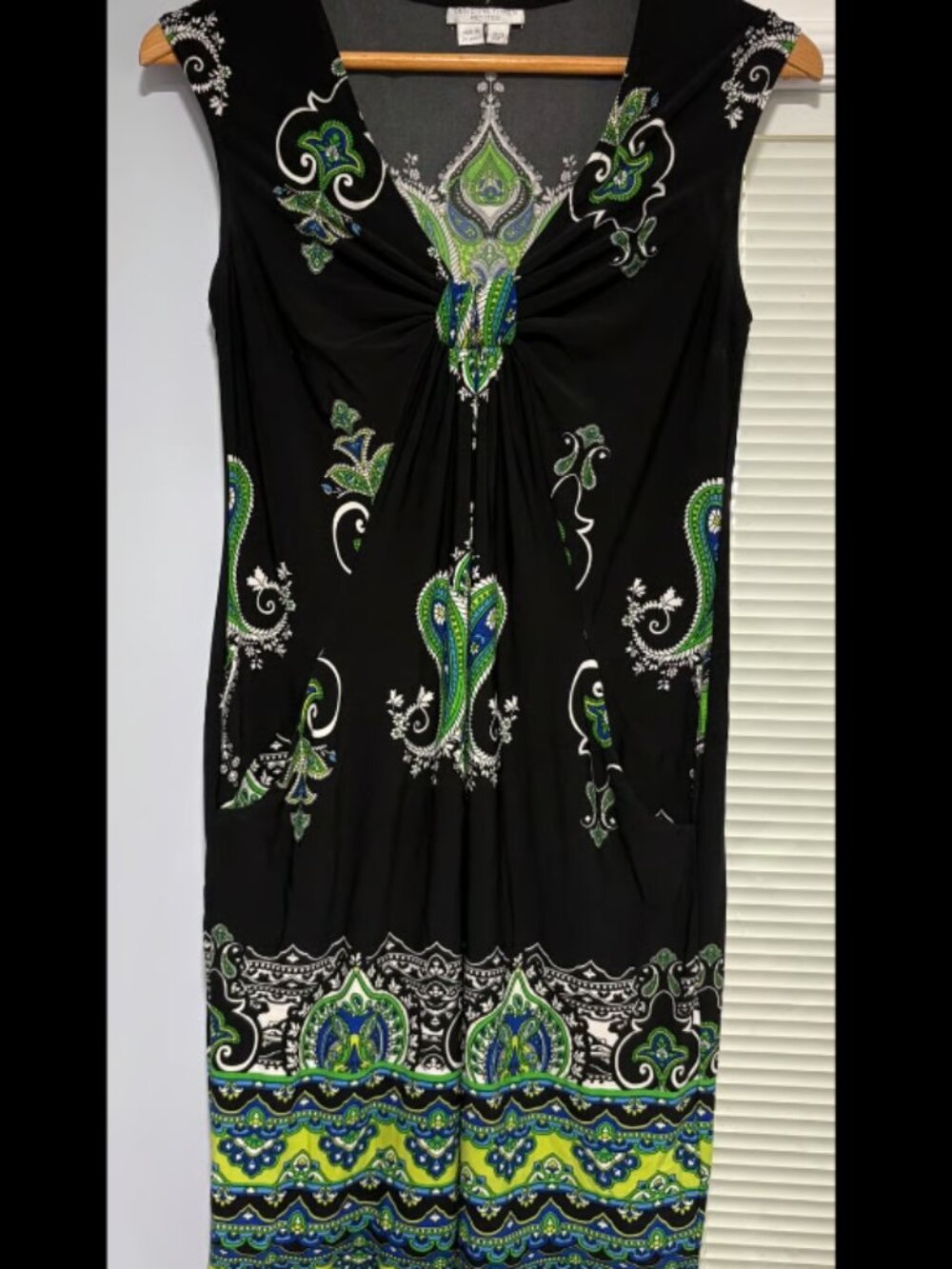 London Times Sleeveless Paisley V-Neck Dress - Black, Green and Blue - Size 10P